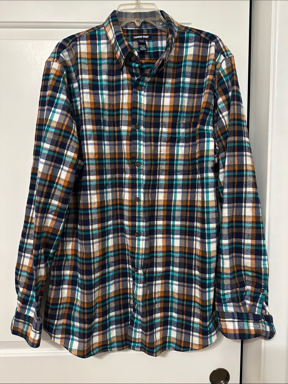 Lands' End Men's Teal, Brown & White Plaid Button-Down Shirt